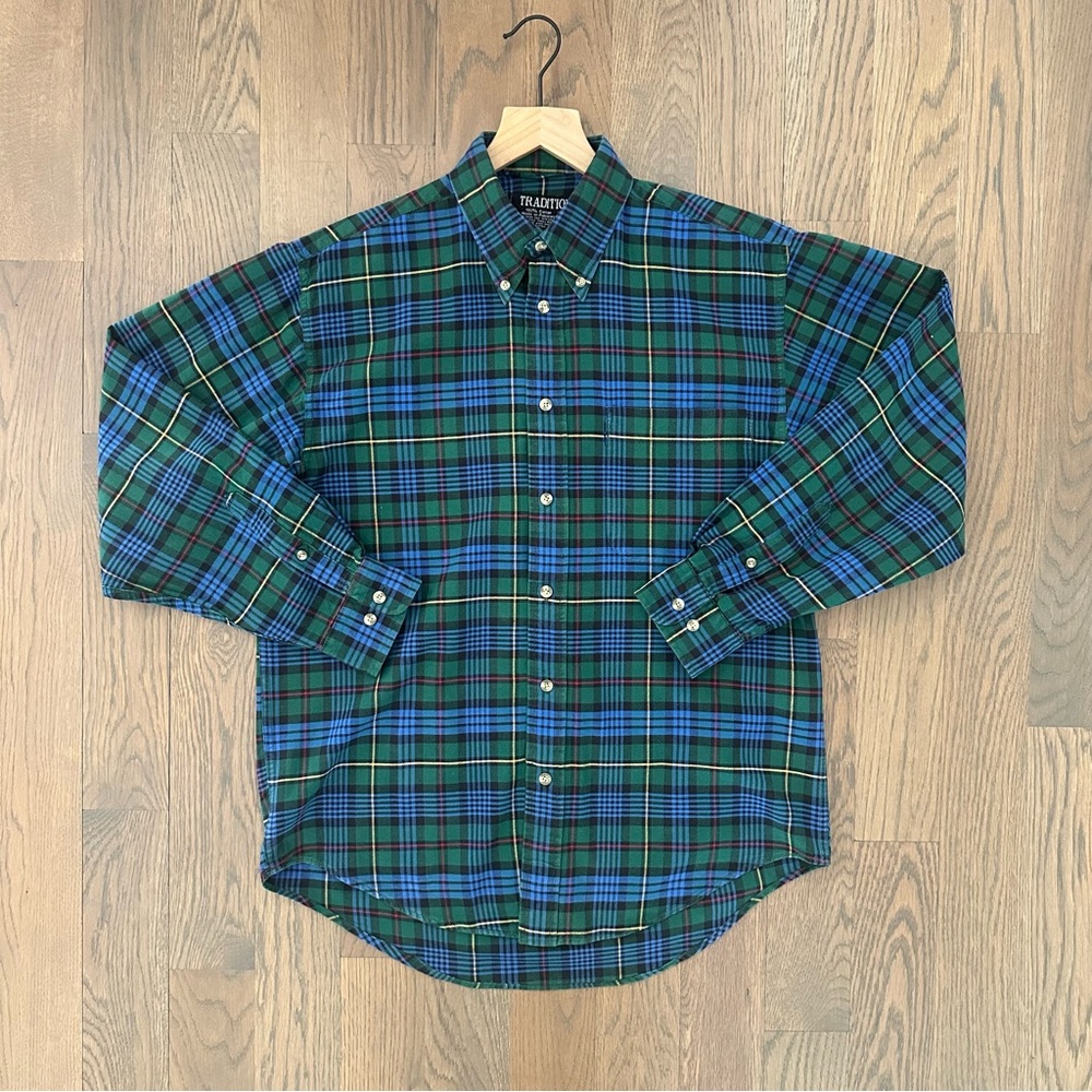 Vintage Plaid Woven Cotton Long Sleeve Button Front Shirt Green Multicolor Large